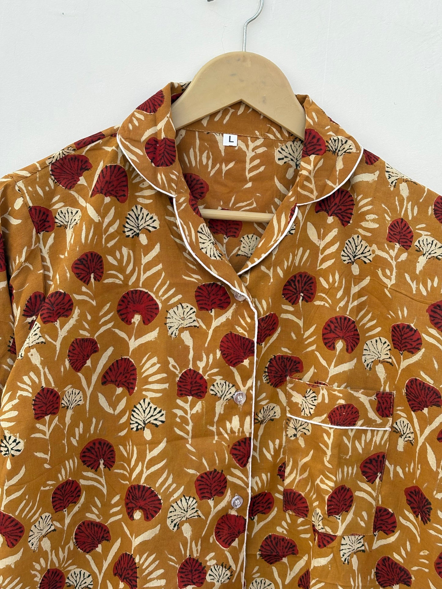 Mustard With Red Floral Bagru Hand Block Cotton Fabric | Bridesmaid Night Party Pajamas | Summer Mid-Night Royal Comforter