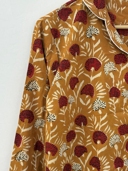 Mustard With Red Floral Bagru Hand Block Cotton Fabric | Bridesmaid Night Party Pajamas | Summer Mid-Night Royal Comforter