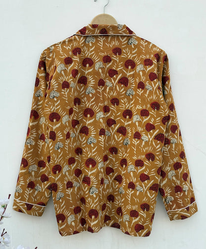 Mustard With Red Floral Bagru Hand Block Cotton Fabric | Bridesmaid Night Party Pajamas | Summer Mid-Night Royal Comforter