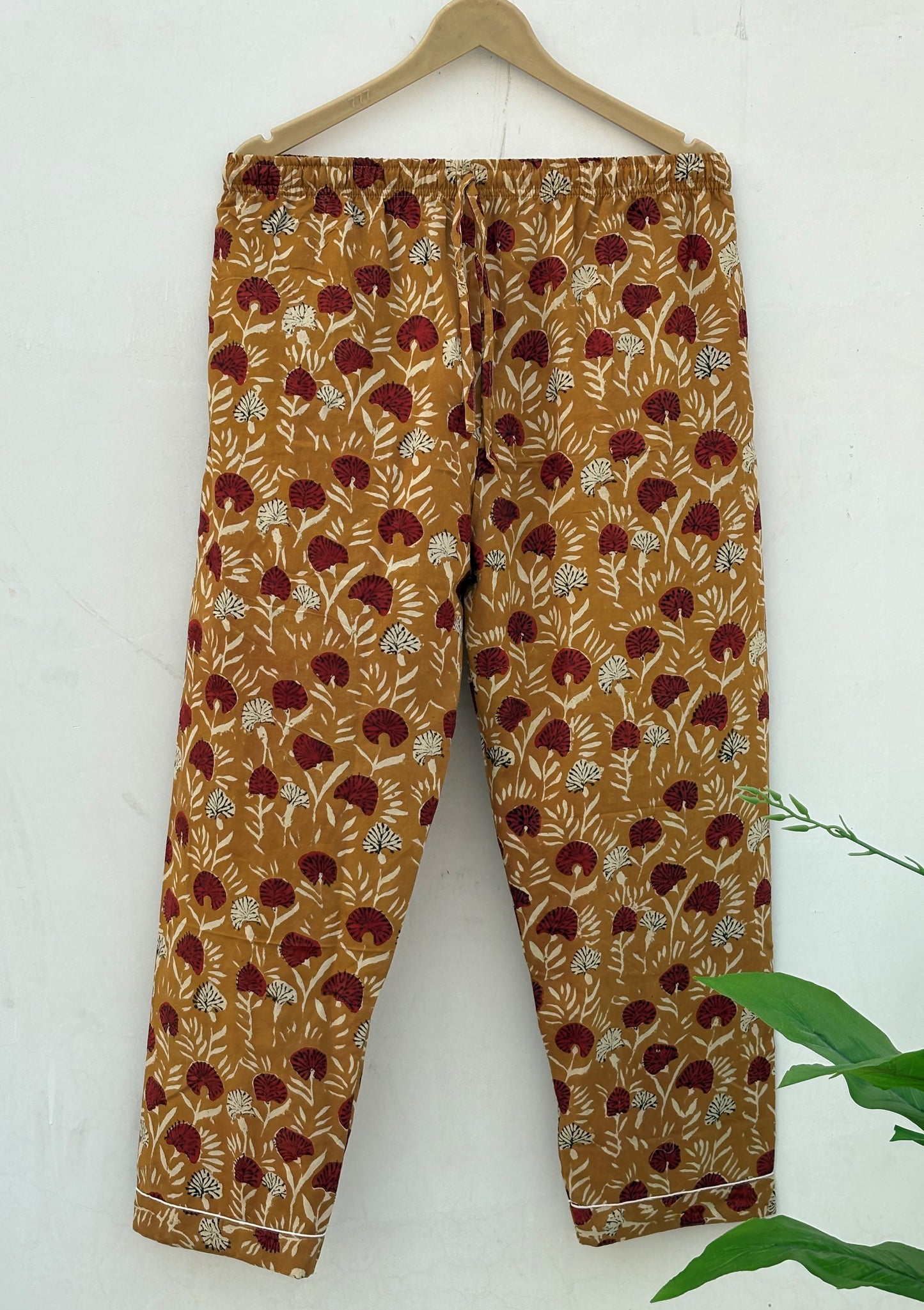 Mustard With Red Floral Bagru Hand Block Cotton Fabric | Bridesmaid Night Party Pajamas | Summer Mid-Night Royal Comforter