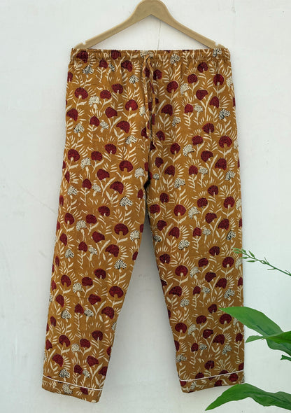 Mustard With Red Floral Bagru Hand Block Cotton Fabric | Bridesmaid Night Party Pajamas | Summer Mid-Night Royal Comforter