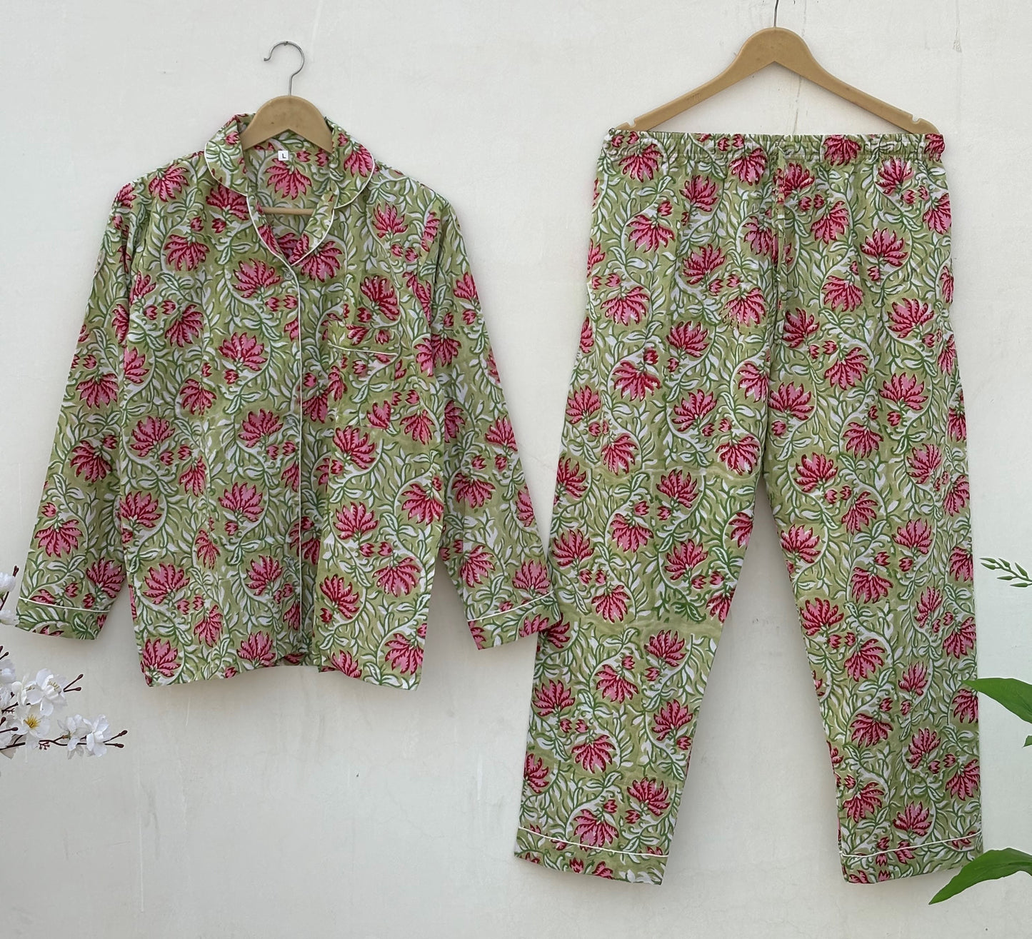 Handmade Cotton Pajama Set: Hand Block Print Boho Loungewear With Pouch Pjs