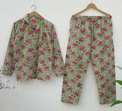 Handmade Cotton Pajama Set: Hand Block Print Boho Loungewear With Pouch Pjs