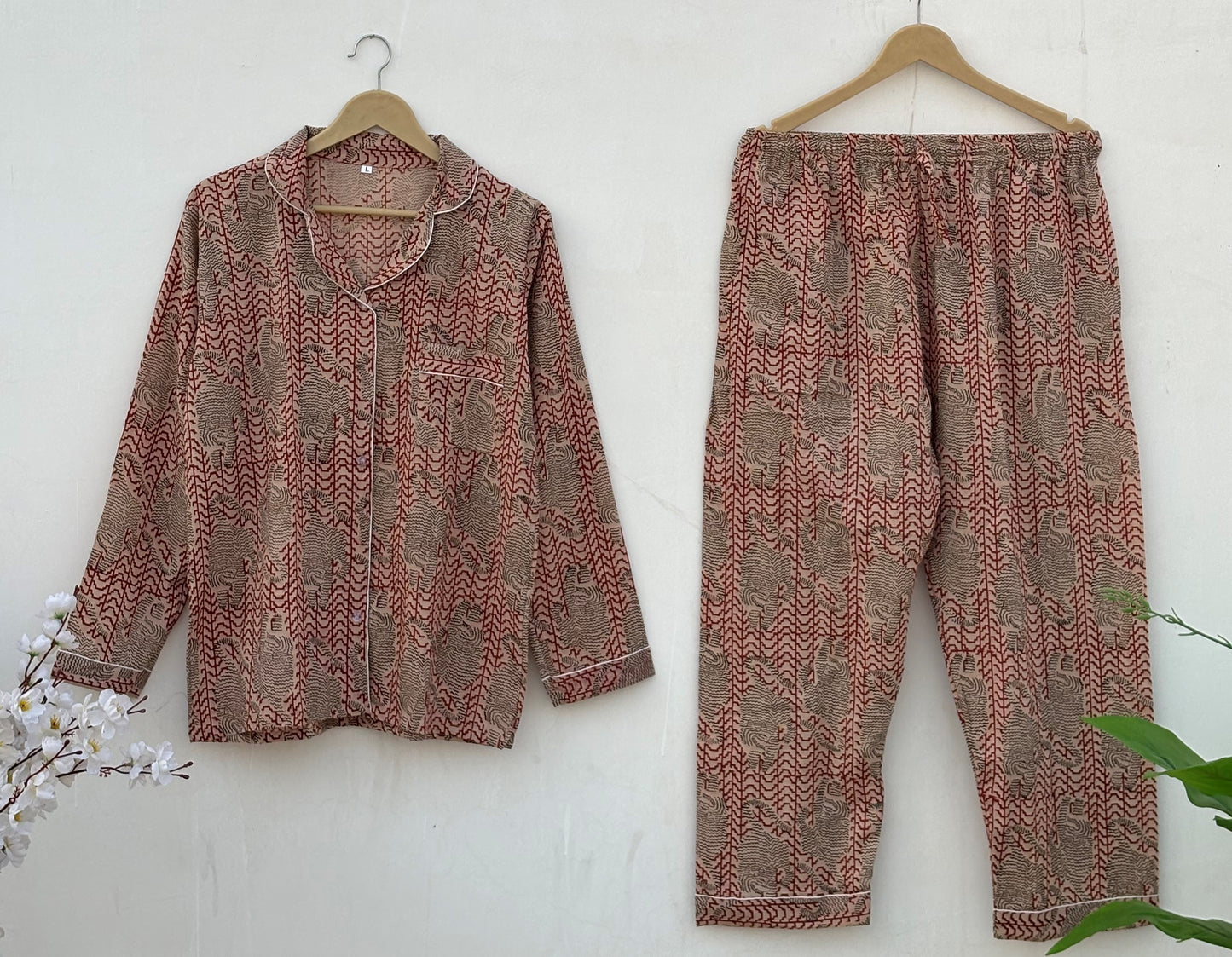 Long Sleeves Indian Hand Printed Bagru Cotton Night Dress : Summer Boho Women Sleepwear Comforter