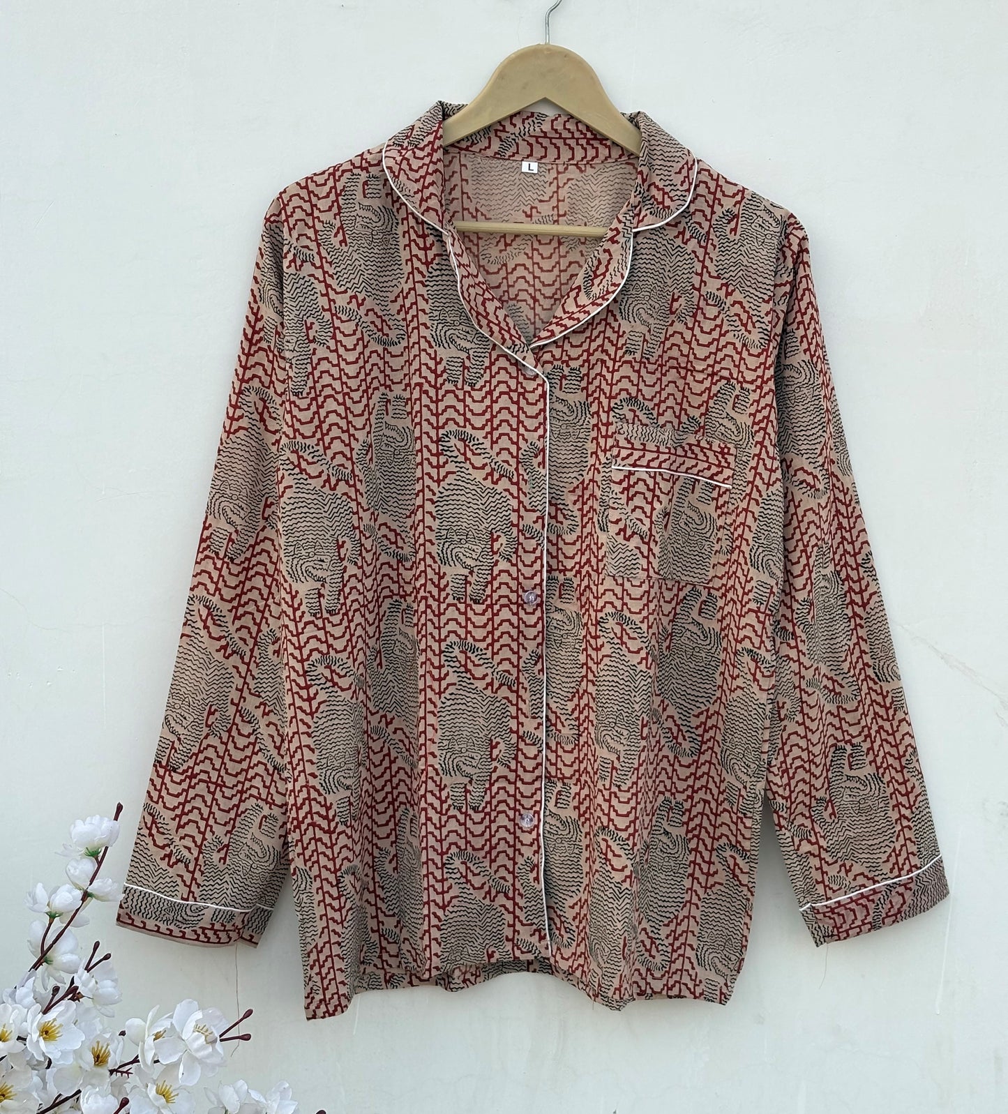 Long Sleeves Indian Hand Printed Bagru Cotton Night Dress : Summer Boho Women Sleepwear Comforter