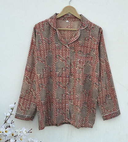 Long Sleeves Indian Hand Printed Bagru Cotton Night Dress : Summer Boho Women Sleepwear Comforter