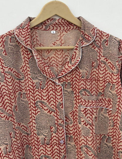 Long Sleeves Indian Hand Printed Bagru Cotton Night Dress : Summer Boho Women Sleepwear Comforter