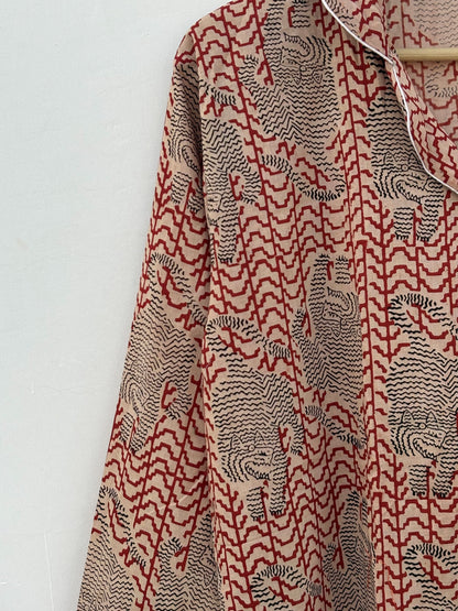 Long Sleeves Indian Hand Printed Bagru Cotton Night Dress : Summer Boho Women Sleepwear Comforter