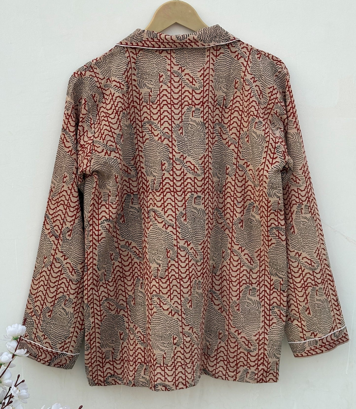 Long Sleeves Indian Hand Printed Bagru Cotton Night Dress : Summer Boho Women Sleepwear Comforter