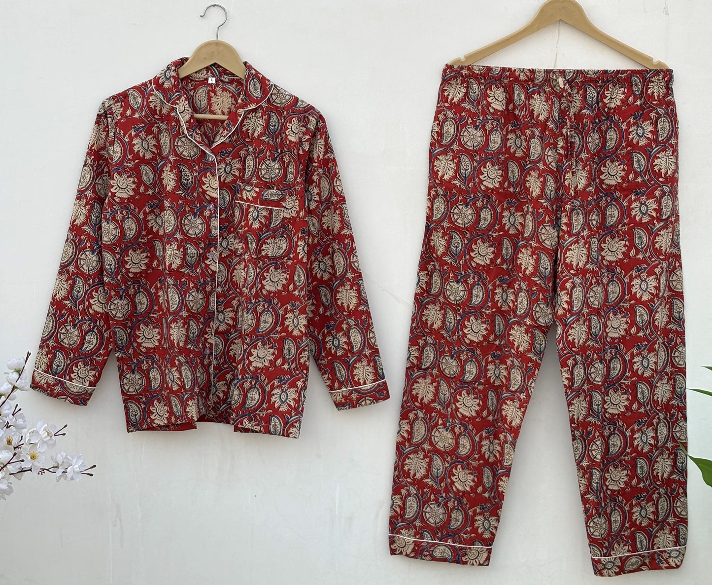 Indian Handmade Bagru Paisley Print Cotton Women Pajama Set Light Weight Breathable Sleepwear Comfoter