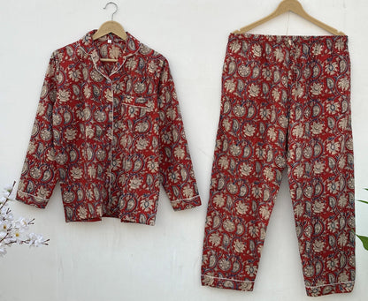 Indian Handmade Bagru Paisley Print Cotton Women Pajama Set Light Weight Breathable Sleepwear Comfoter
