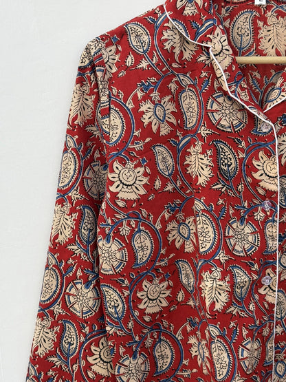 Indian Handmade Bagru Paisley Print Cotton Women Pajama Set Light Weight Breathable Sleepwear Comfoter