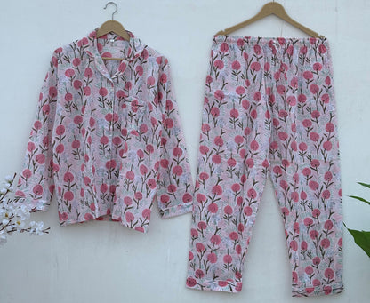 Block Printed Indian Handmade Pure Cotton Summer Pj Set For Long Sleeves Shirt With Pant And Pouch Night Dress