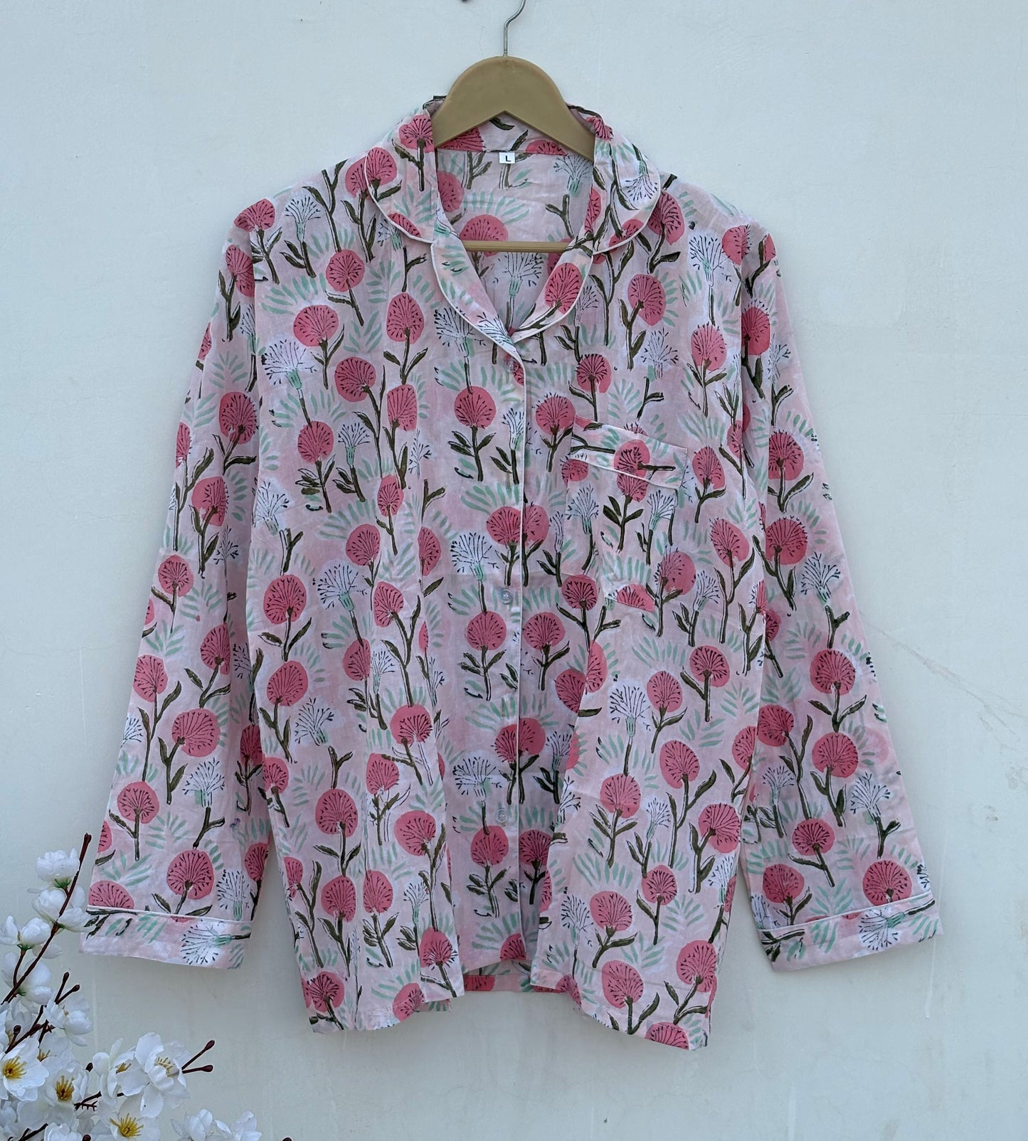 Block Printed Indian Handmade Pure Cotton Summer Pj Set For Long Sleeves Shirt With Pant And Pouch Night Dress