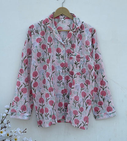 Block Printed Indian Handmade Pure Cotton Summer Pj Set For Long Sleeves Shirt With Pant And Pouch Night Dress