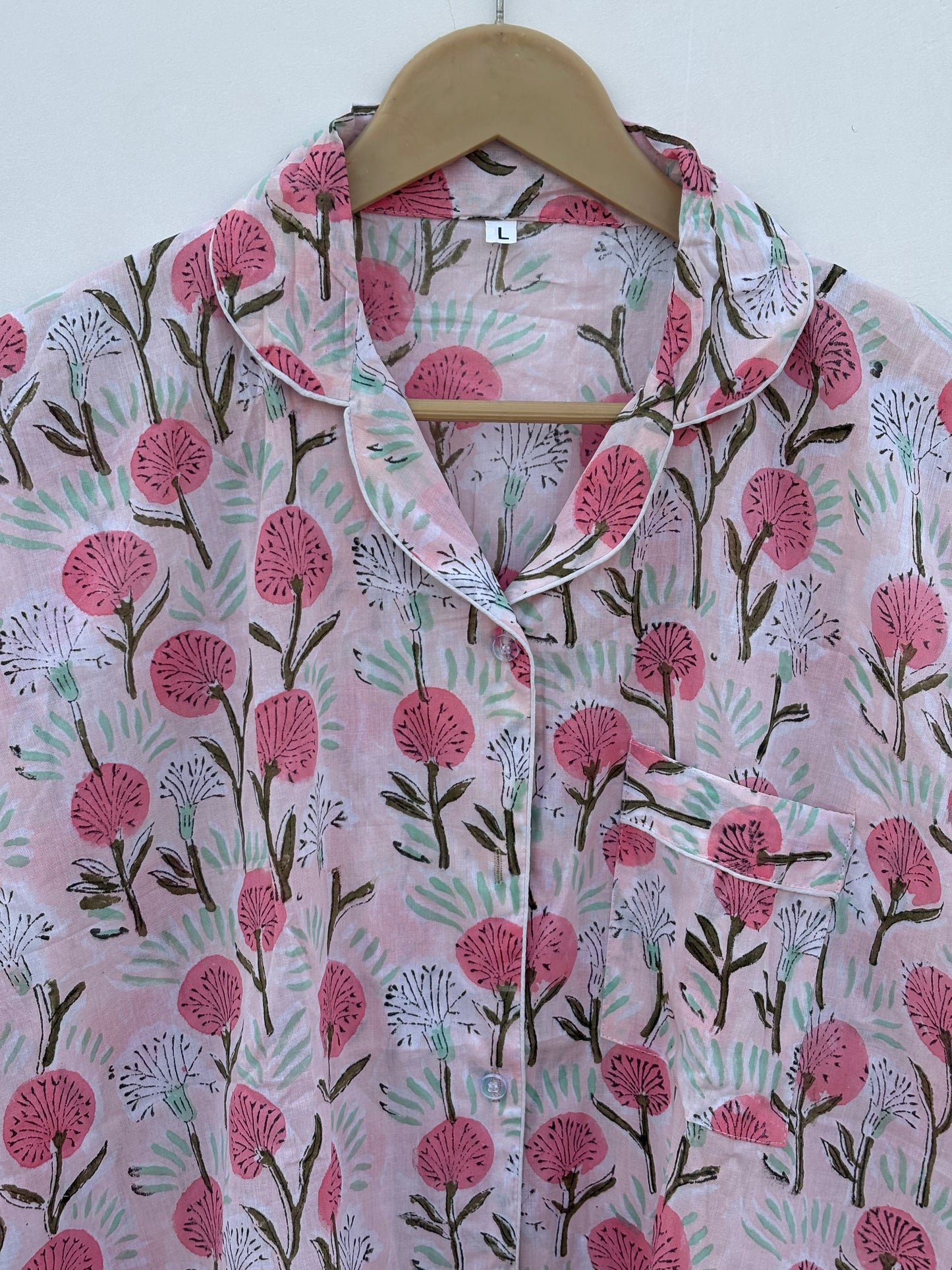 Block Printed Indian Handmade Pure Cotton Summer Pj Set For Long Sleeves Shirt With Pant And Pouch Night Dress