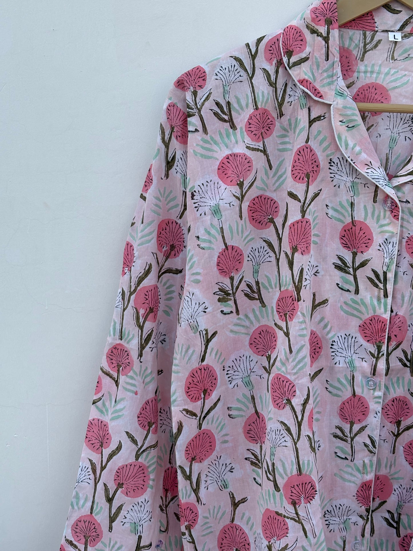 Block Printed Indian Handmade Pure Cotton Summer Pj Set For Long Sleeves Shirt With Pant And Pouch Night Dress