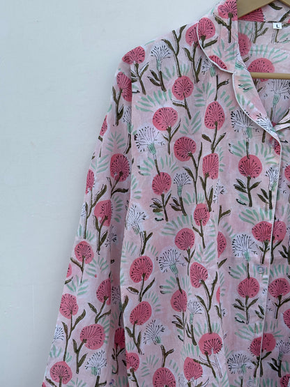 Block Printed Indian Handmade Pure Cotton Summer Pj Set For Long Sleeves Shirt With Pant And Pouch Night Dress