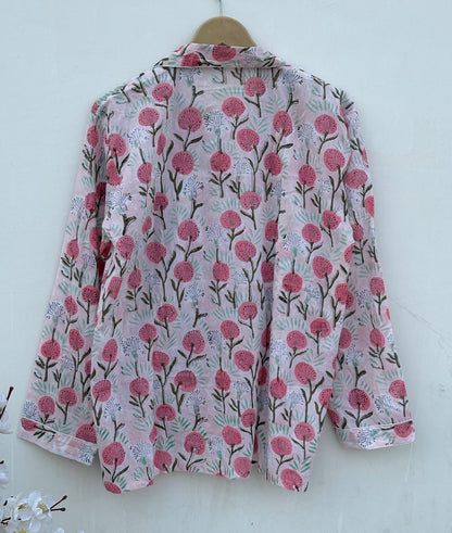 Block Printed Indian Handmade Pure Cotton Summer Pj Set For Long Sleeves Shirt With Pant And Pouch Night Dress