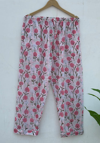 Block Printed Indian Handmade Pure Cotton Summer Pj Set For Long Sleeves Shirt With Pant And Pouch Night Dress