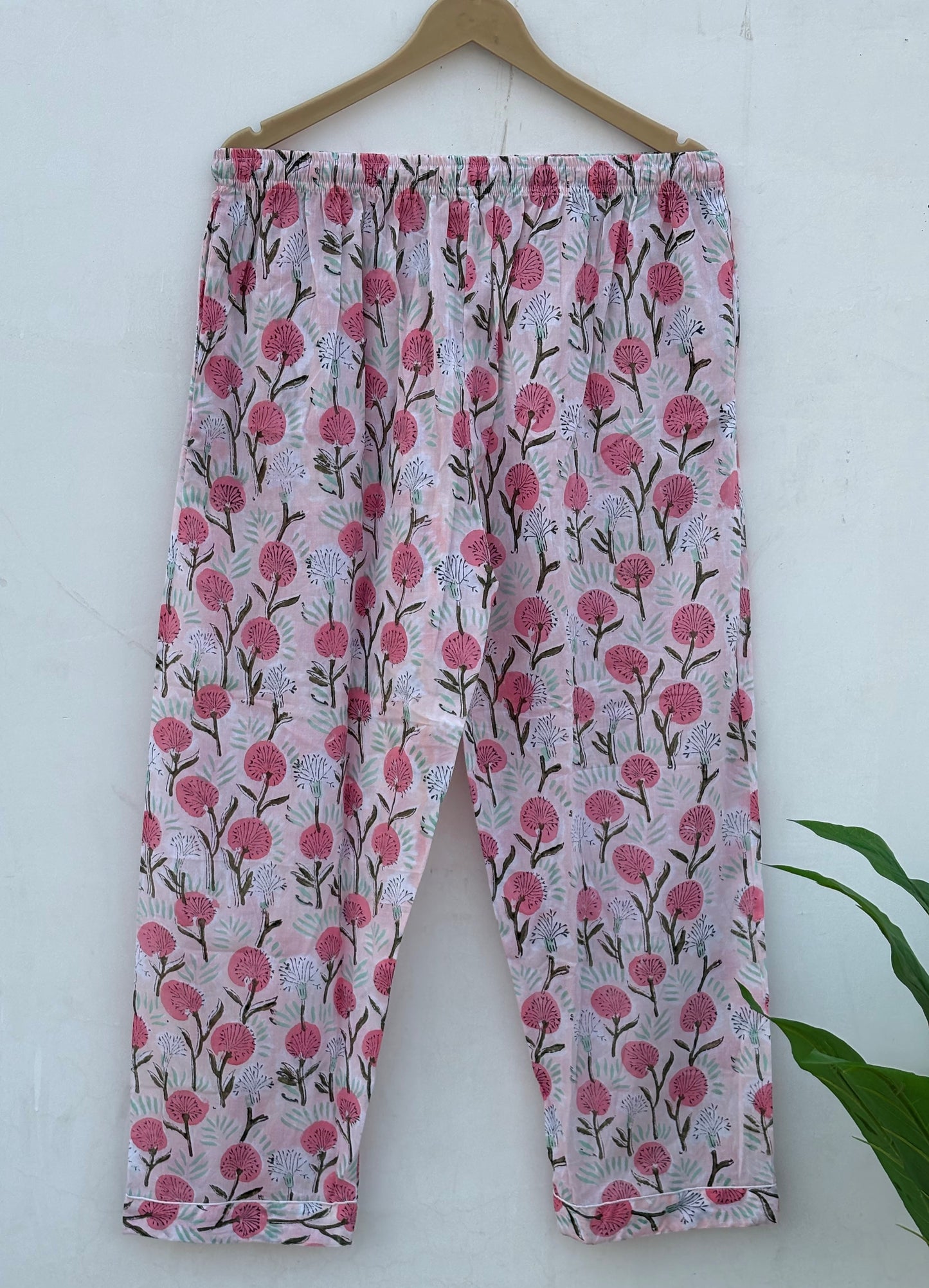 Block Printed Indian Handmade Pure Cotton Summer Pj Set For Long Sleeves Shirt With Pant And Pouch Night Dress