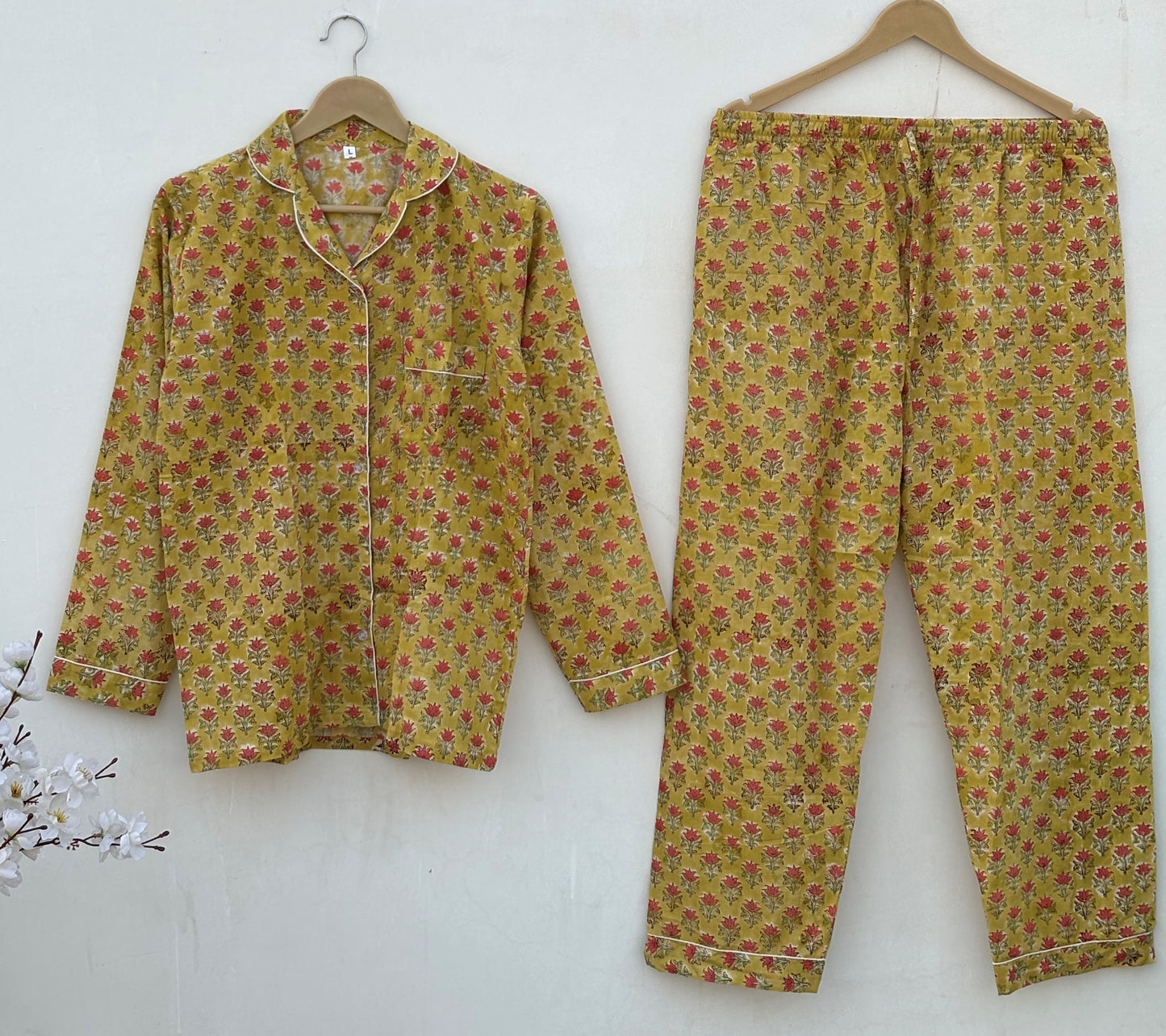 Handmade Cotton Pajama Set: Block Print Boho Loungewear With Pouch Set Full Night Dress For Summer