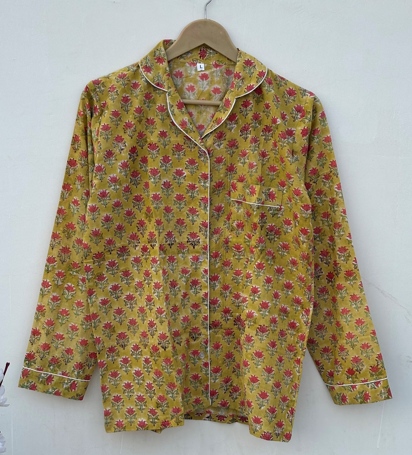 Handmade Cotton Pajama Set: Block Print Boho Loungewear With Pouch Set Full Night Dress For Summer