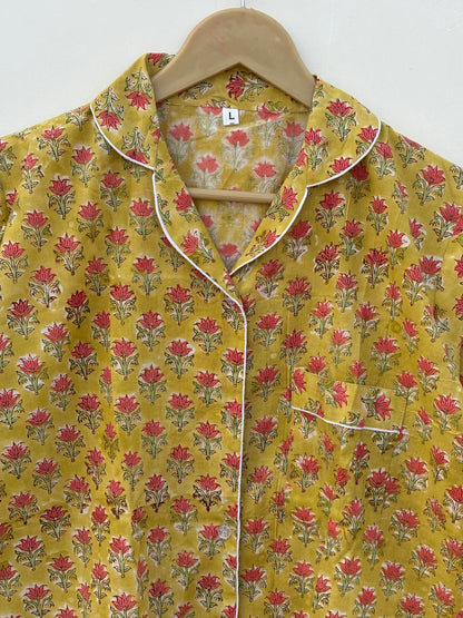 Handmade Cotton Pajama Set: Block Print Boho Loungewear With Pouch Set Full Night Dress For Summer