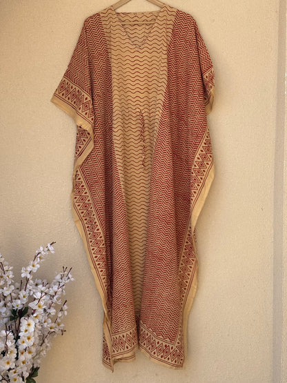 Cotton Hand Block Bagru Printed Cotton Kaftan Summer Wear Night Comforter Maxi Gown For Long & Short