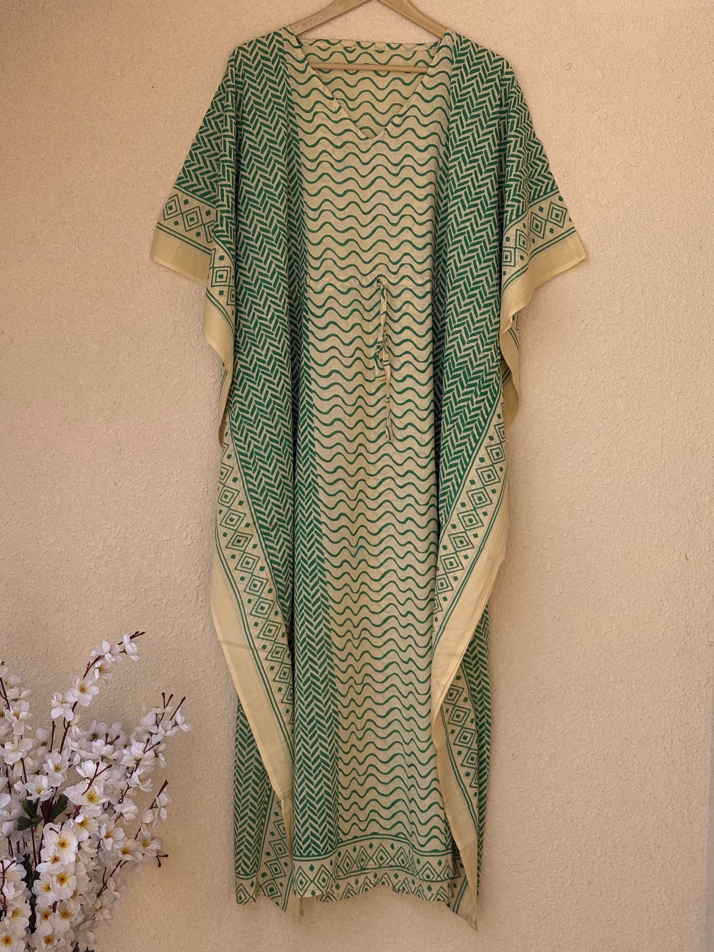 V-Neck Light Weight Hand Block Bagru Print Soft Cozy Kaftan Summer Loose Fit Boho Caftan Dress