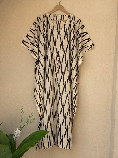 Hand Block Print Cotton Caftan With Waist Tie – Plus Size Resort Wear, Beach Cover Up, Loungewear Dress, Bohemian Summer Kaftan Mumus Ikat Printed
