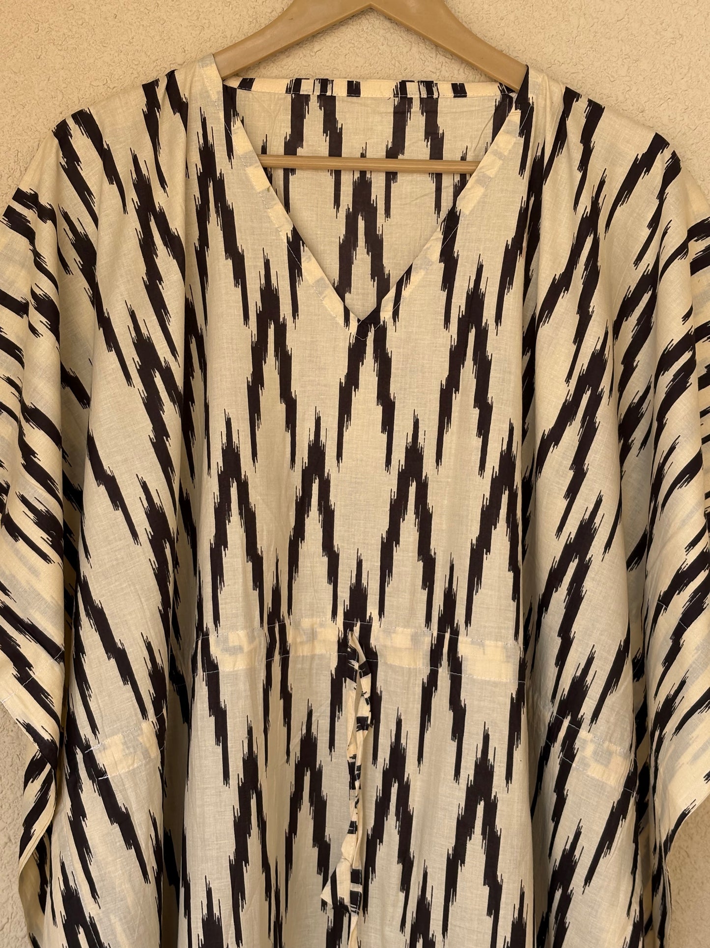 Hand Block Print Cotton Caftan With Waist Tie – Plus Size Resort Wear, Beach Cover Up, Loungewear Dress, Bohemian Summer Kaftan Mumus Ikat Printed