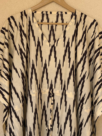 Hand Block Print Cotton Caftan With Waist Tie – Plus Size Resort Wear, Beach Cover Up, Loungewear Dress, Bohemian Summer Kaftan Mumus Ikat Printed