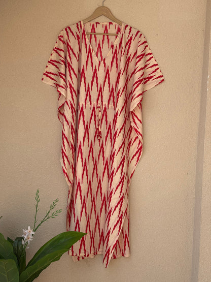 Hand Block Printed Cotton Kaftan | Boho Ikat Print Beach Coverup Red Christmas Long & Short Kaftan