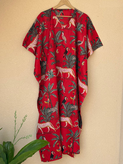 Red Jungle Cotton Kaftan Indian Handmade Block Print Christmas Dress Party Wear Beautiful Gown