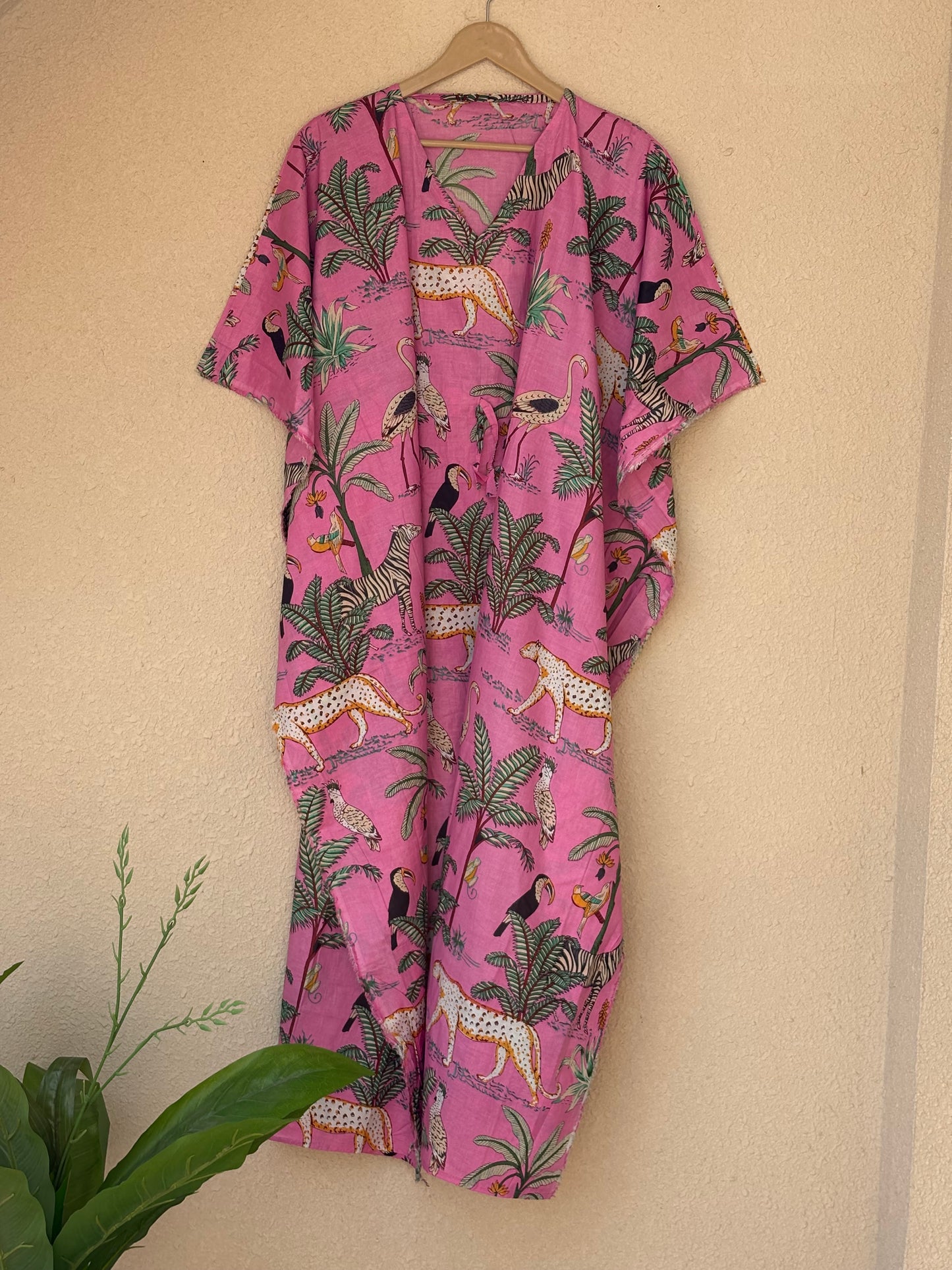 Long & Short Hand Block Pink Jungle Animal Printed Cotton Women's Kaftan For Beach Wear Bikini Cover Ups Indian Tunics