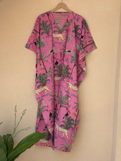 Long & Short Hand Block Pink Jungle Animal Printed Cotton Women's Kaftan For Beach Wear Bikini Cover Ups Indian Tunics