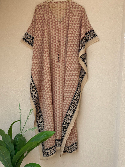 Hand Block Bagru Printed Cotton Kaftan For Women Party Wear Dress Bridesmaid Night Gown