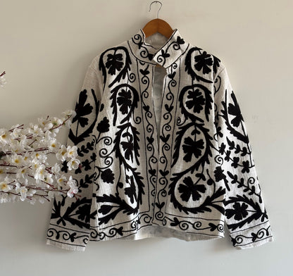 TNT Suzani Embroidered Jacket | Black White Handmade Floral Print BoGift For ho Party Wear Coat
