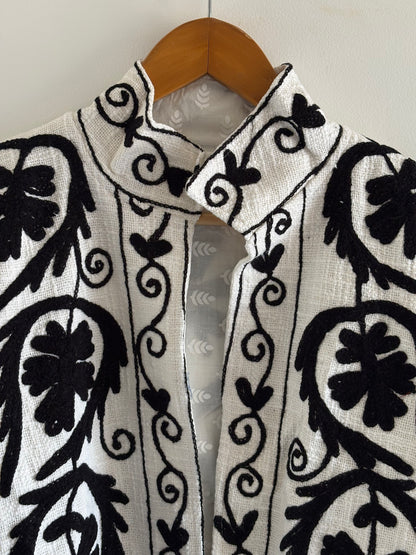 TNT Suzani Embroidered Jacket | Black White Handmade Floral Print BoGift For ho Party Wear Coat