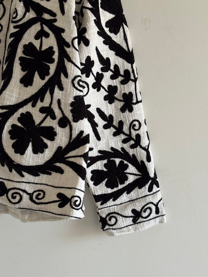 TNT Suzani Embroidered Jacket | Black White Handmade Floral Print BoGift For ho Party Wear Coat