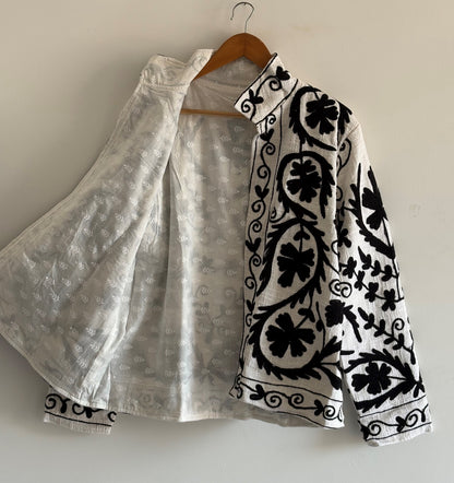 TNT Suzani Embroidered Jacket | Black White Handmade Floral Print BoGift For ho Party Wear Coat