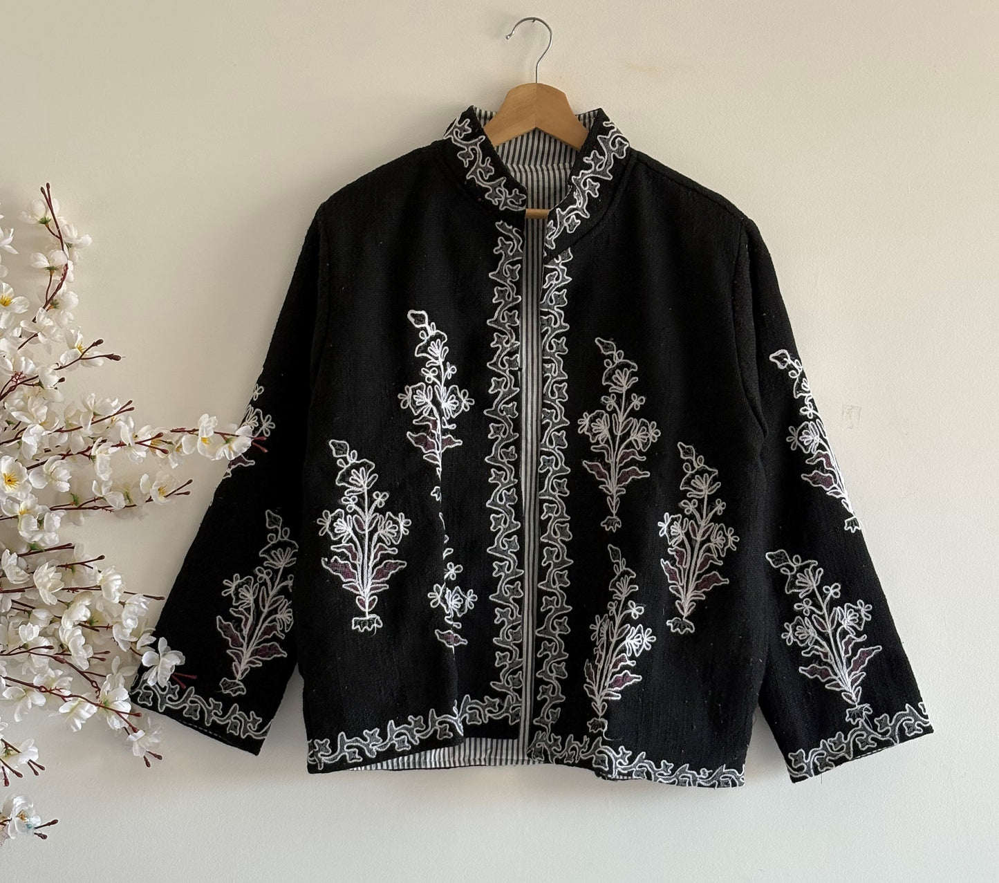 TNT Suzani Hand-Embroidered Black Suzani Jacket | Bohemian Floral Cotton Party Wear Jacket