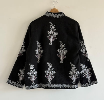 TNT Suzani Hand-Embroidered Black Suzani Jacket | Bohemian Floral Cotton Party Wear Jacket