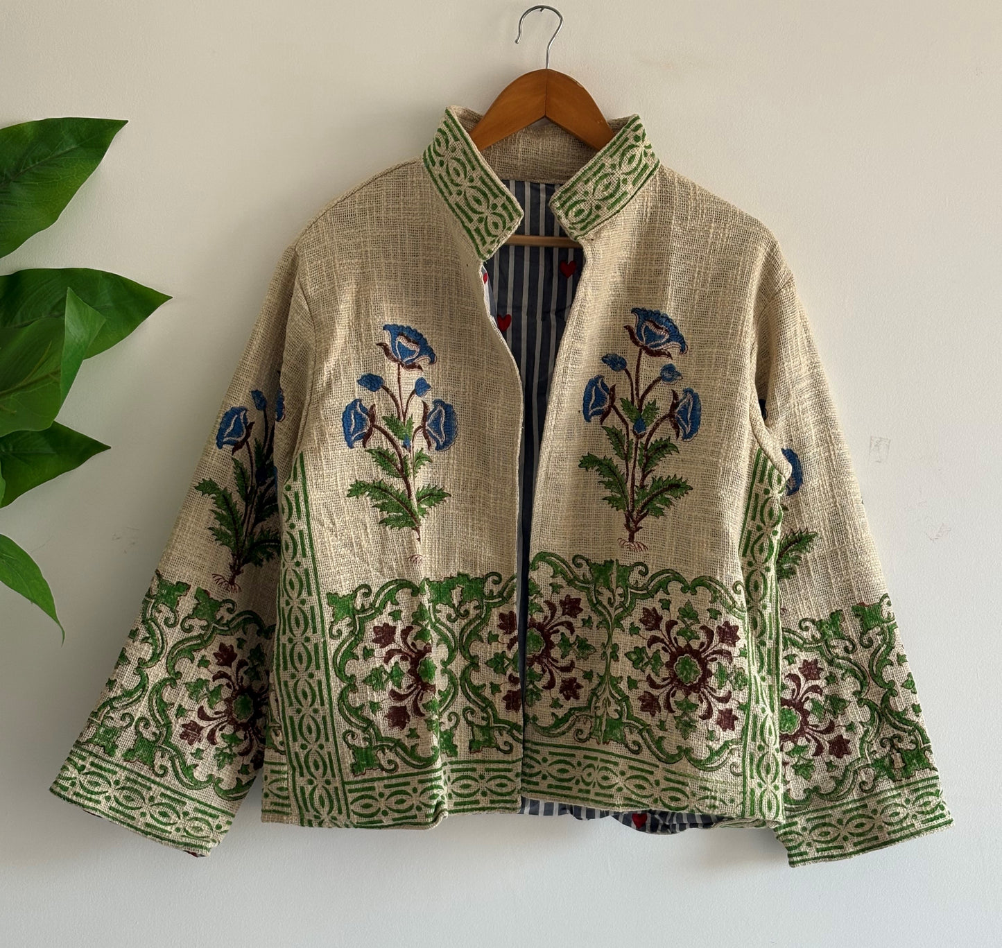 Cotton TNT Jacket - Blue Floral Hand Block Print, Sustainable Boho Style Party Wear Wedding Jacket