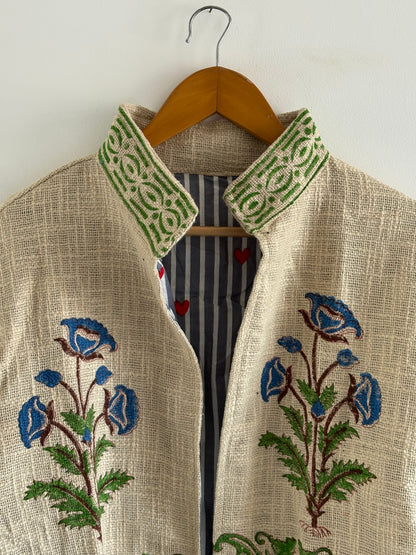 Cotton TNT Jacket - Blue Floral Hand Block Print, Sustainable Boho Style Party Wear Wedding Jacket