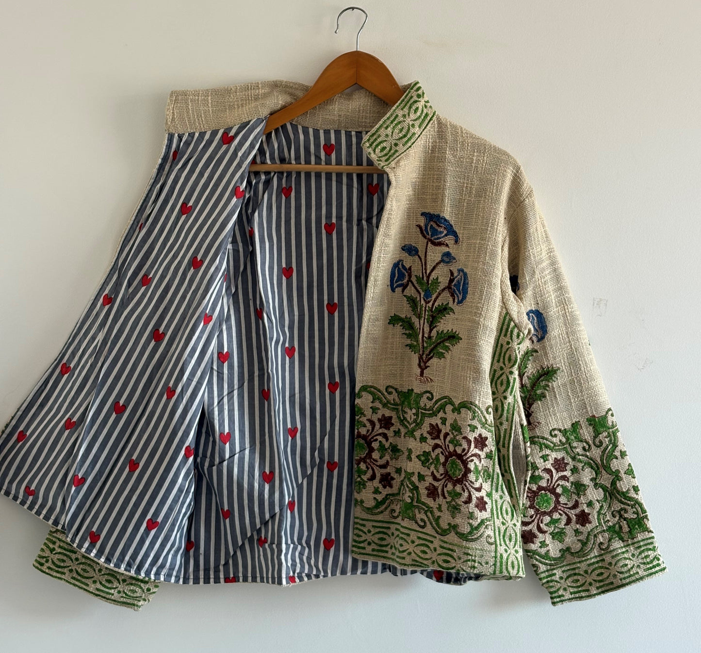 Cotton TNT Jacket - Blue Floral Hand Block Print, Sustainable Boho Style Party Wear Wedding Jacket