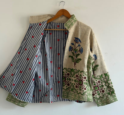 Cotton TNT Jacket - Blue Floral Hand Block Print, Sustainable Boho Style Party Wear Wedding Jacket