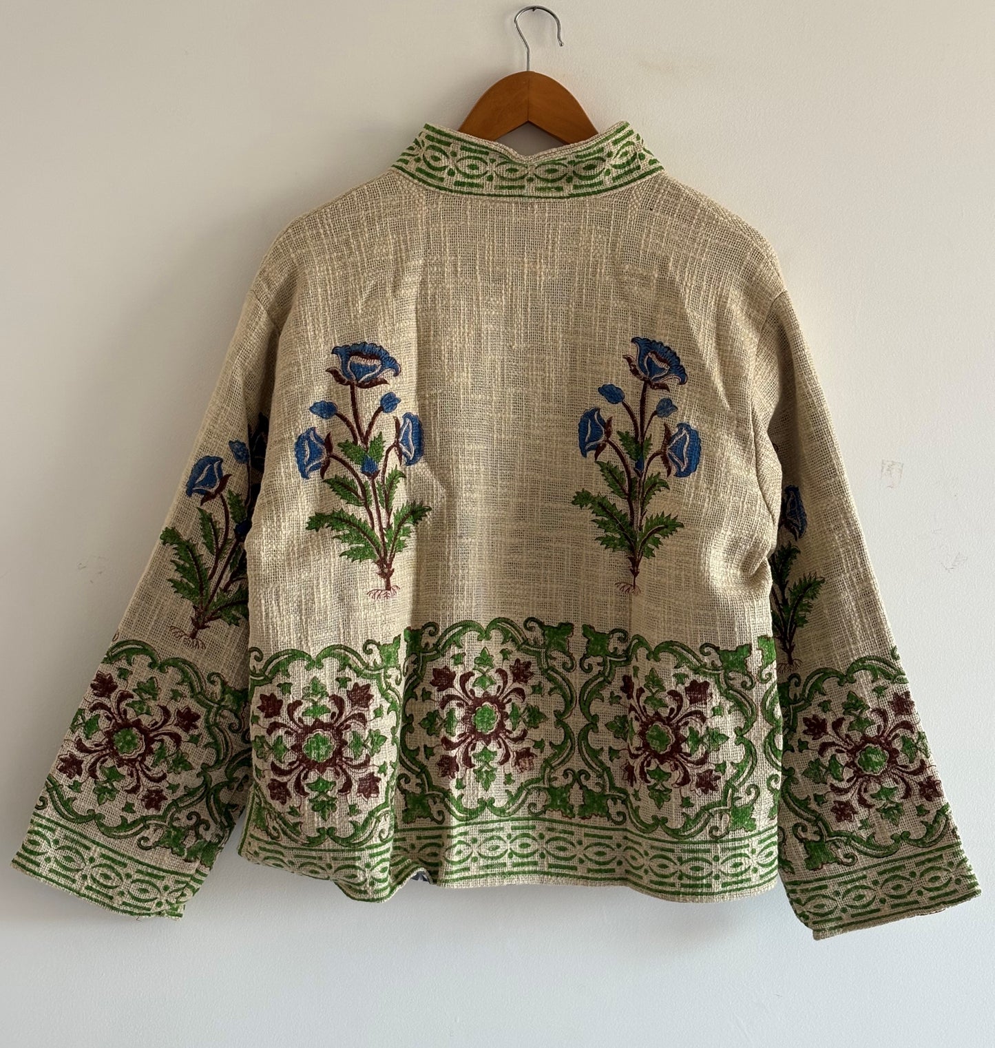 Cotton TNT Jacket - Blue Floral Hand Block Print, Sustainable Boho Style Party Wear Wedding Jacket