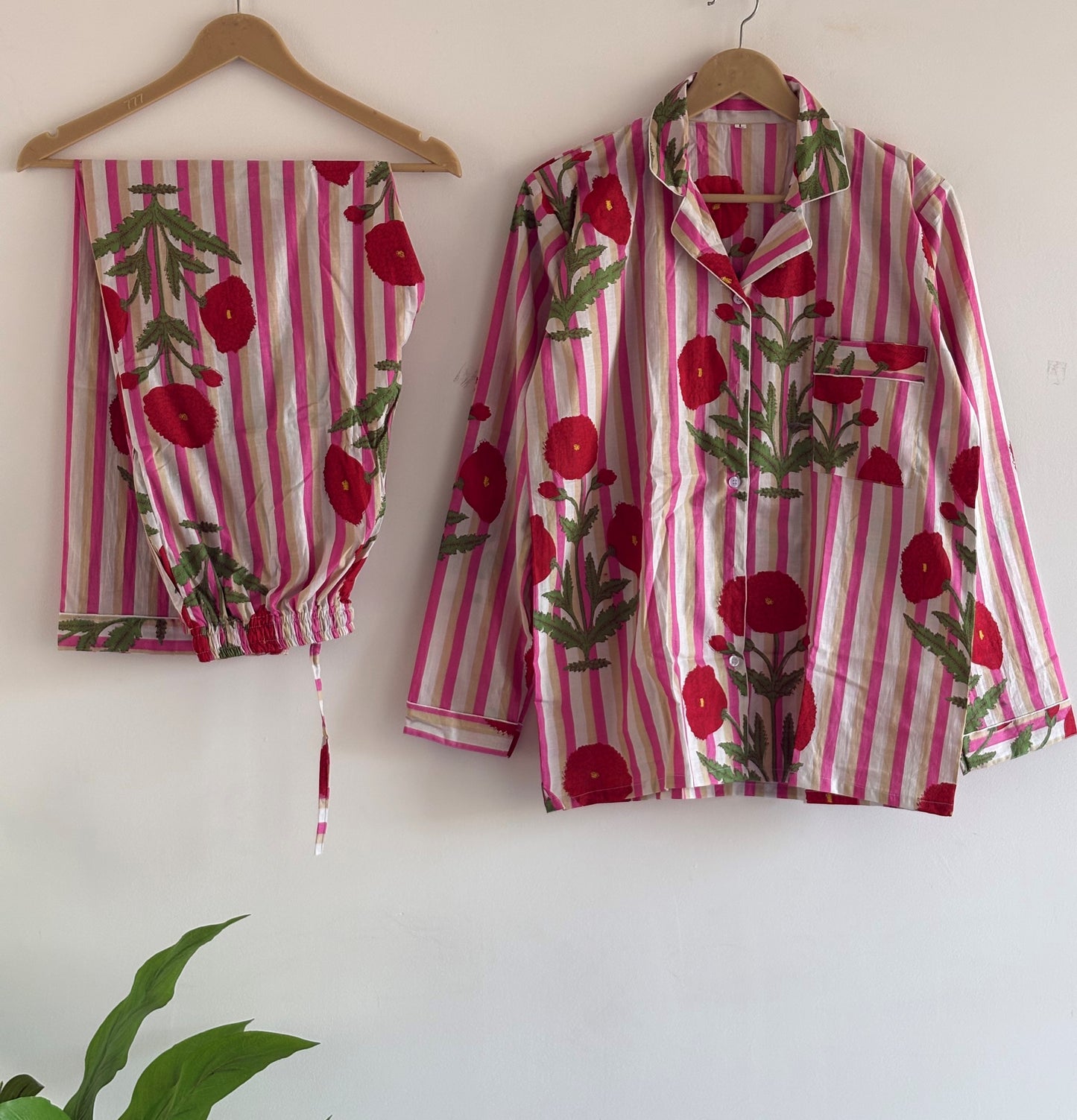 Hand Block Printed cotton Night Suit V-Neckline Shirt With Pajama Women Wear PJ Sets With Elastic Waist